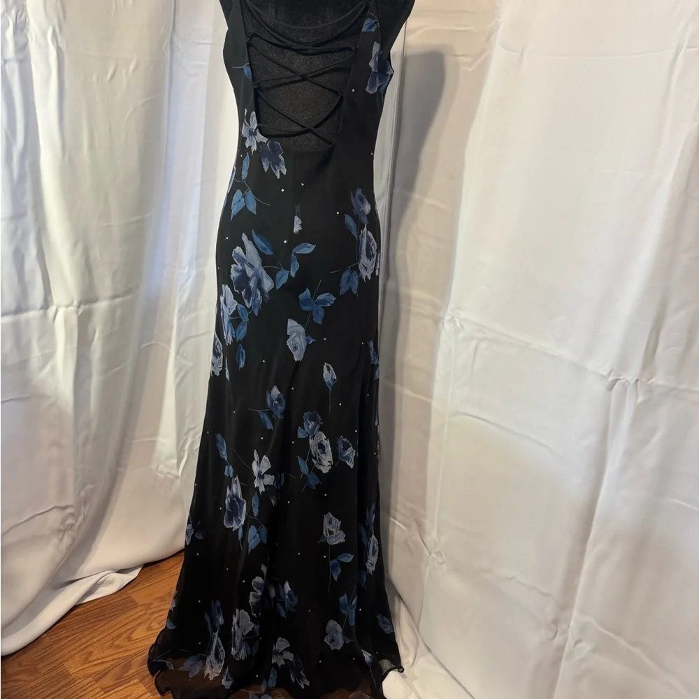 Vtg Y2K Betsy & Adam Black Blue Floral Prom Gown | 14 | Ethereal Fairy - Picture 1 of 12